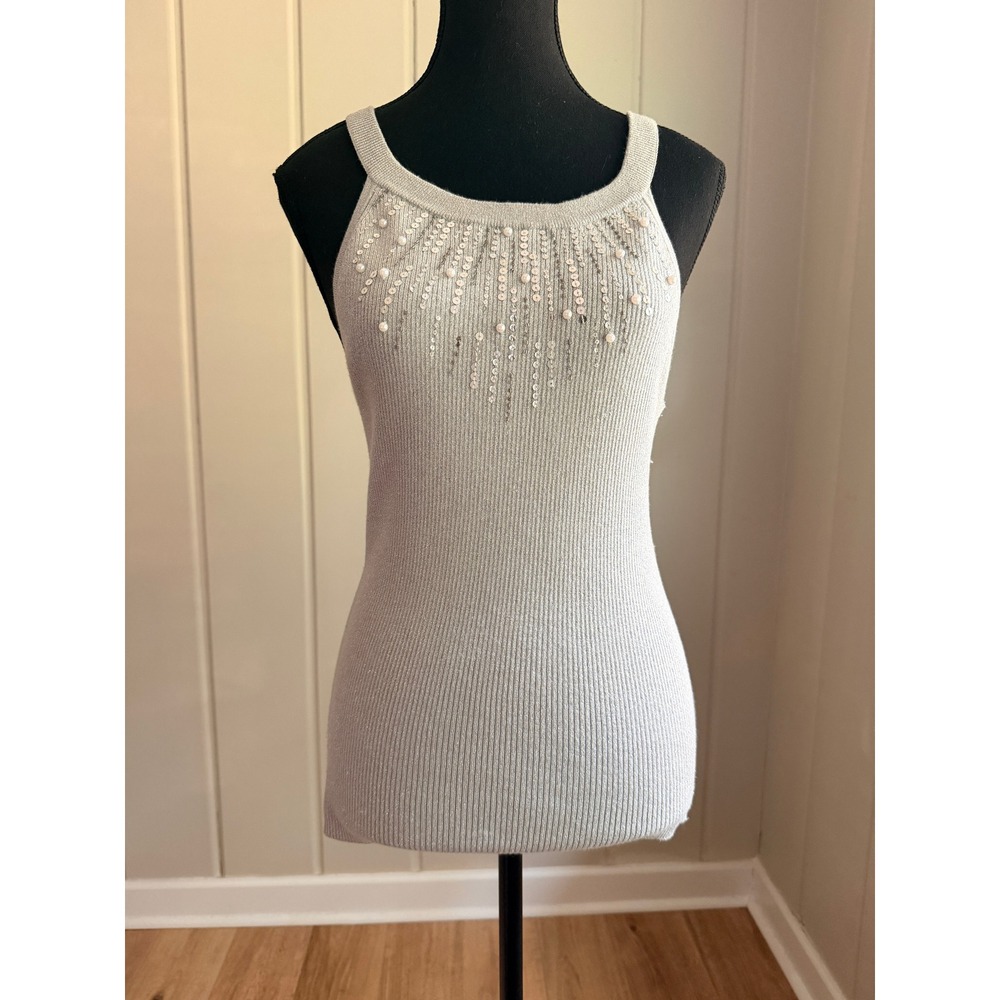 Cache Silver Metallic Ribbed Knit Tank Top Sequin Faux Pearl Embellished Medium
